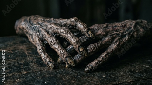 Creepy gnarled hands with long, dirty fingernails resting on a dark wooden surface