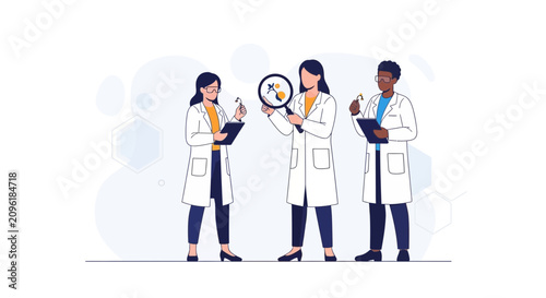Diverse scientists in lab coats conduct research with magnifying glass and test tubes, illustrating scientific discovery and innovation.