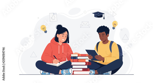 Diverse students studying together, learning, reading books and using tablets, symbolizing education and knowledge.