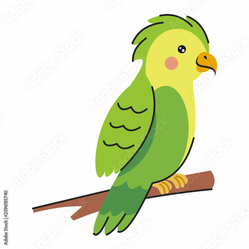 bright green parrot is sitting on branch. Simple graphics and soft lines. Cute illustration with pet on white background.