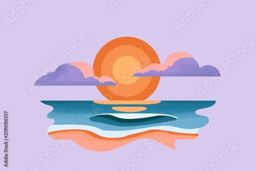 Sunset over ocean waves on a peaceful beach during golden hour with sharp focus and vibrant colors for travel and leisure marketing