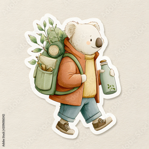 Koala carries backpack and bottle while walking in a natural setting with plants and logs nearby