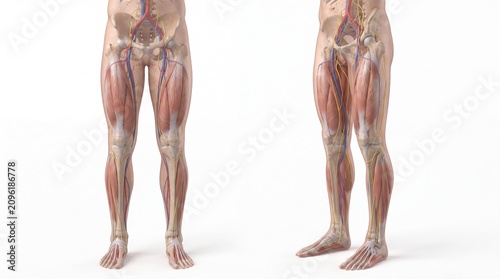 Human lower limb anatomy medical illustration showing muscle, bone, artery, vein, and nerve structure in front and side view, detailed educational diagram for healthcare and study