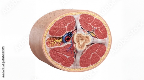 Cross section of human lower limb anatomy showing muscle, bone, nerve, artery, and vein structure in detailed medical illustration for educational use