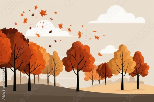 Autumn forest trees with falling foliage in a park landscape wide angle shot for seasonal travel and lifestyle marketing