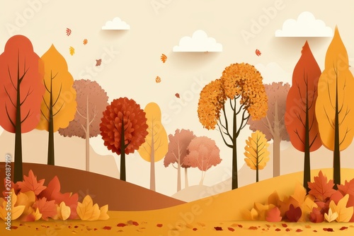 Autumn forest landscape with vibrant papercut trees and rolling hills in a sharp focus studio shot for seasonal marketing