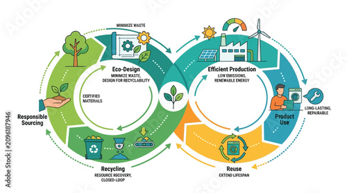 Sustainable circular economy product life cycle diagram with eco friendly icons