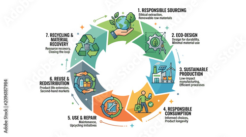 Sustainable circular economy product lifecycle vector illustration with green eco friendly symbols