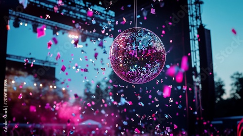 Glittering disco ball hangs, with confetti falling at a concert stage