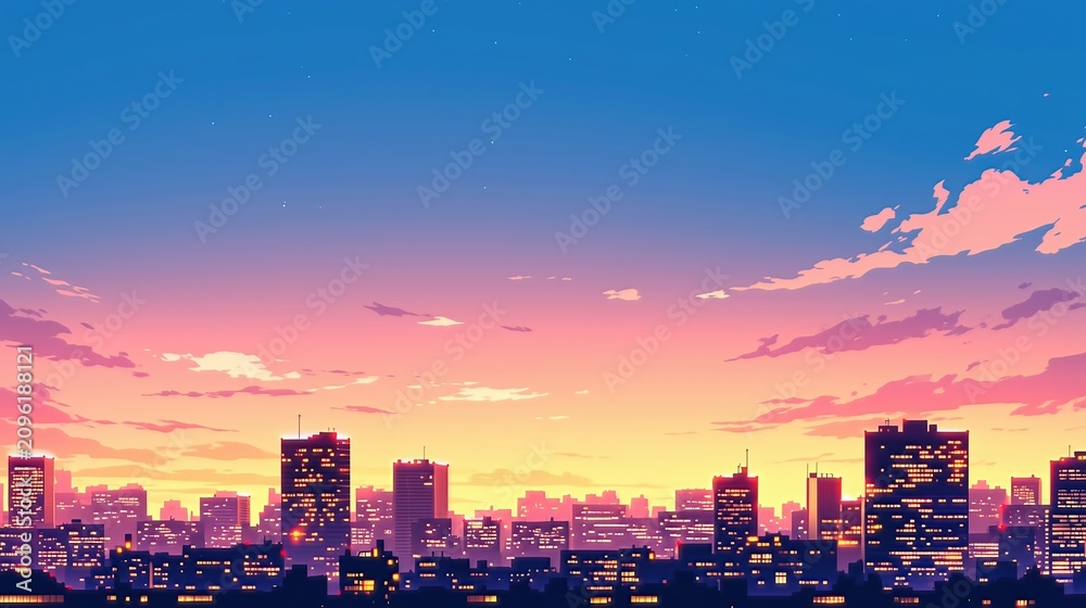 Obraz premium 美しい夕焼けに照らされた輝く都市のスカイライン