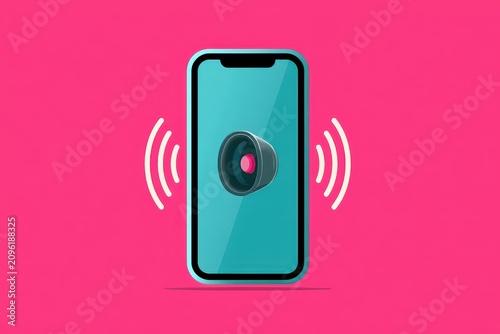 Smartphone emitting sound waves against vibrant pink background in a sharp focus studio shot for mobile app marketing