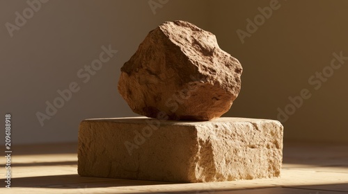 Natural stone balancing on block under warm lighting