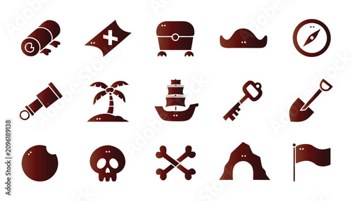 Pirate adventure icon set with treasure chest map skull and pirate ship silhouettes on white background