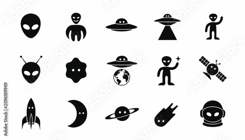 Foto Set of 15 black alien and space related vector icons for futuristic and science
