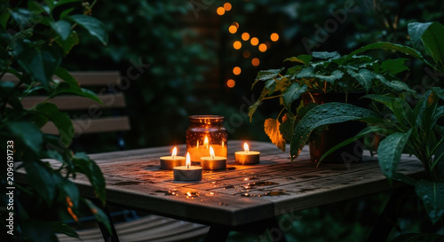 Evening Garden Ambiance With Tea Lights And Bokeh Lights Outdoor