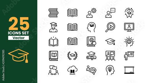 Academic learning and education icons set isolated on white background depicting school knowledge research and student training development training concepts.