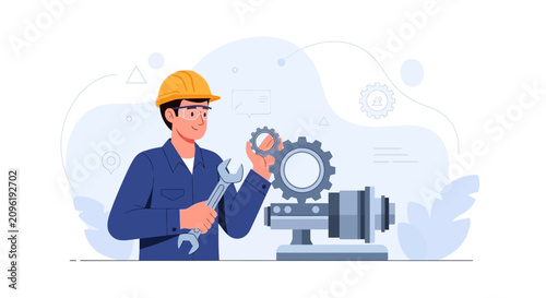 Mechanic working on gears and machinery, vector illustration of industrial maintenance and engineering.