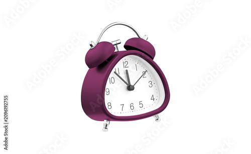 Modern Purple analog table clock with a unique geometric shape and double bells. High-quality studio shot of a blue timekeeping device, perfect for product catalogs and e-commerce.