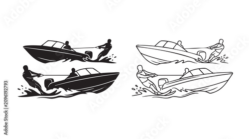 Obraz na plátně speedboat with waterskier silhouette illustration featuring water, sport, vector