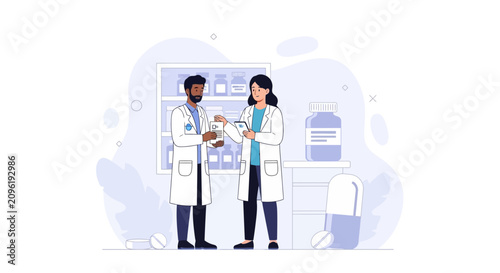 Pharmacists in lab coats discussing medication in a pharmacy, with shelves of bottles and pills in the background.