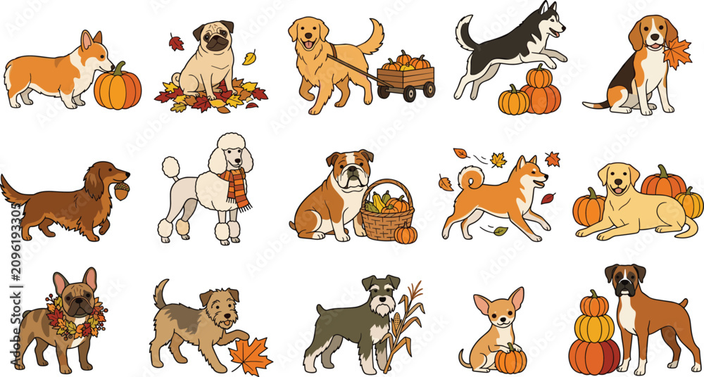 Fototapeta premium Cute autumn dog breeds vector sticker collection with harvest pumpkins