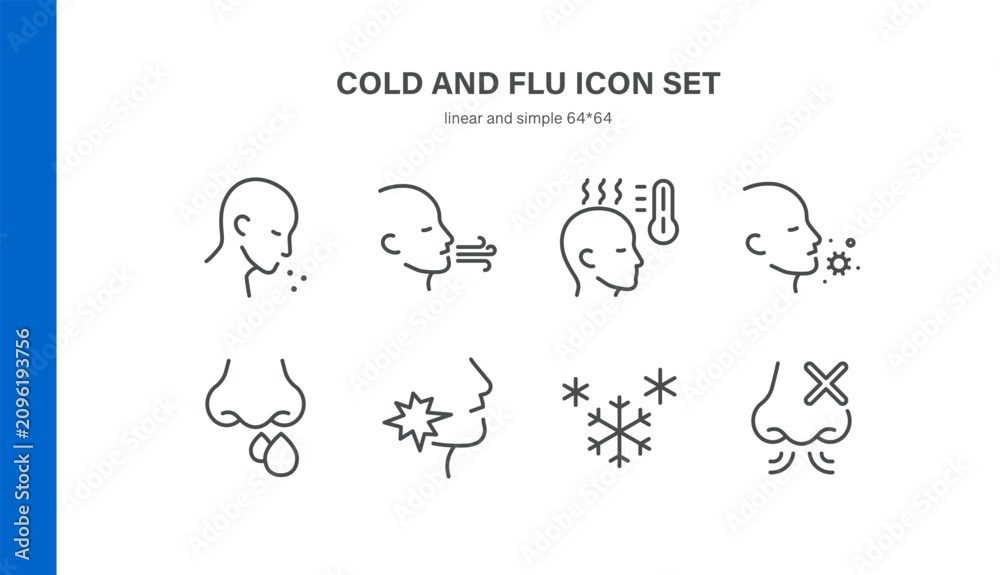 Fototapeta premium Simple Set of Cold and Flu Related Vector Line Icons. Contains such Icons as Cough, Fever, Runny Nose, Sore Throat, Chills and more. Editable Stroke. Pixel Perfect Vector. 