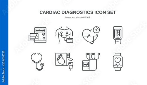Simple Set of Cardiac Diagnostics Related Vector Line Icons. Contains such Icons as ECG Machine, Heart Monitor, Blood Pressure, Stethoscope, Echocardiogram. Editable Stroke. Pixel Perfect Vector.
