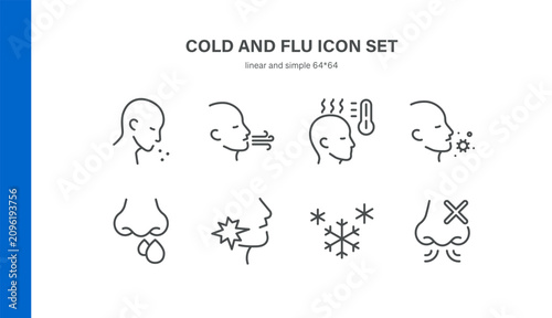 Simple Set of Cold and Flu Related Vector Line Icons. Contains such Icons as Cough, Fever, Runny Nose, Sore Throat, Chills and more. Editable Stroke. Pixel Perfect Vector.
