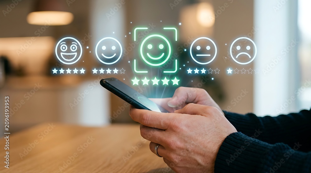 © Shams - User experience satisfaction survey with virtual emoticons and five star rating system © Shams - User experience satisfaction survey with virtual emoticons and five star rating system