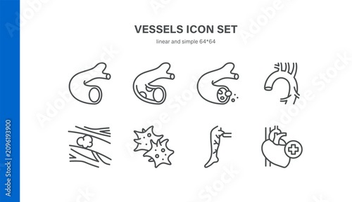 Simple Set of Blood Vessels Related Vector Line Icons. Contains such Icons as Artery, Vein, Aorta, Thrombosis, Atherosclerosis and more. Editable Stroke. Pixel Perfect Vector.