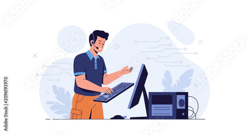 Tech Support Operator with Headset and Computer, Modern Flat Illustration Style