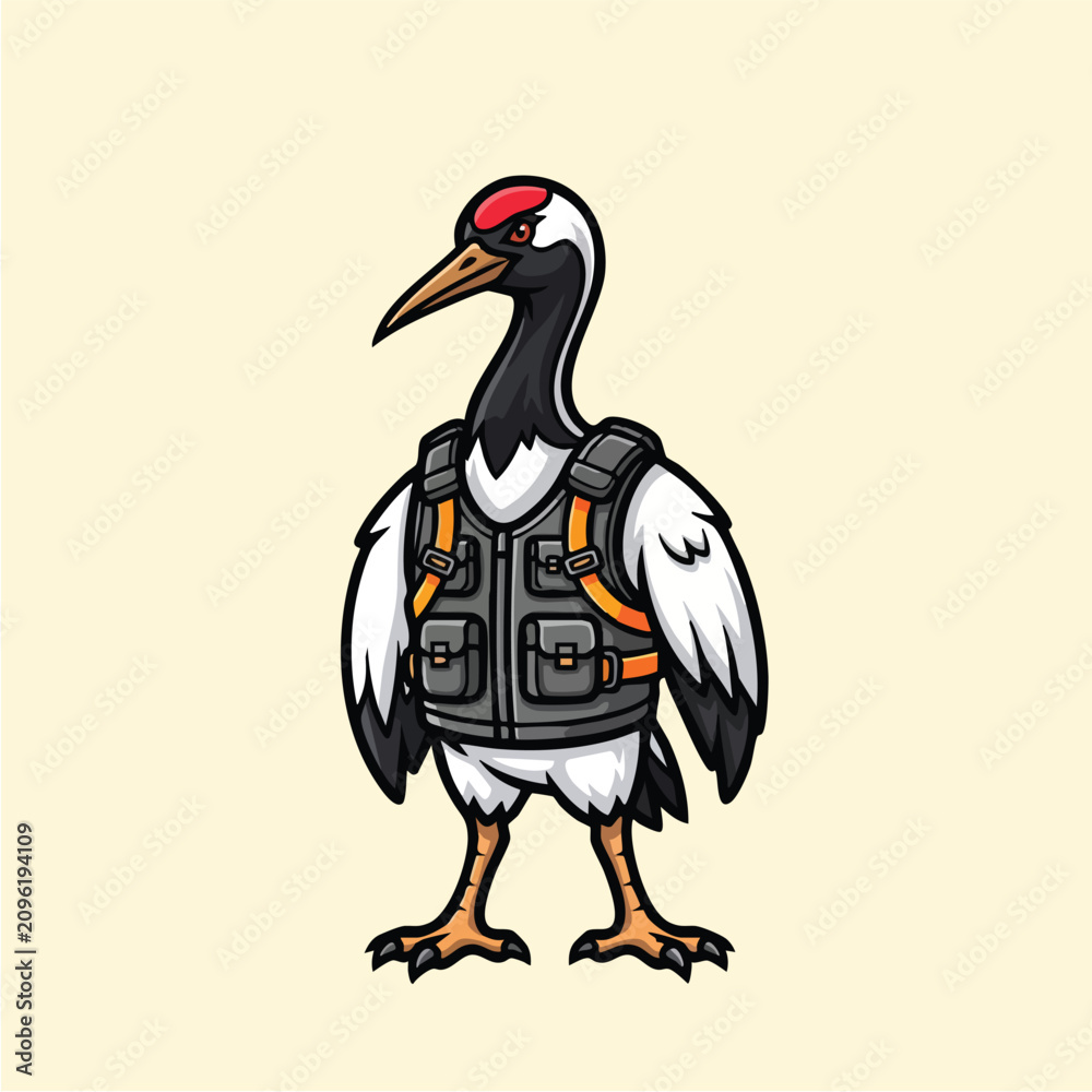 Obraz premium Cartoon crane bird wearing tactical vest