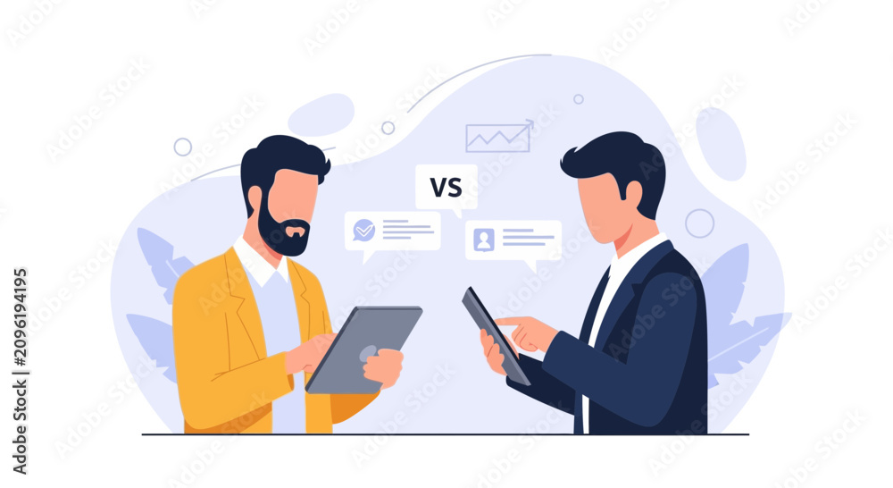 Fototapeta premium Two businessmen contrasting ideas with tablets, competition concept
