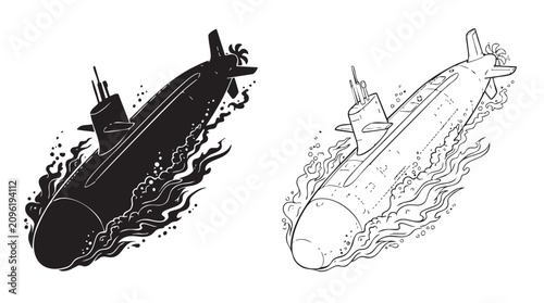 Fotografía submarine submerging with bubbles and waves in black and white illustration