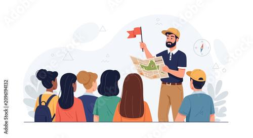 Tour guide leading a group of tourists with map and flag, concept of travel and exploration
