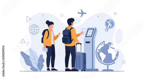 Travelers using self-service kiosk for flight check-in at airport with luggage, globe, and airplane icons.