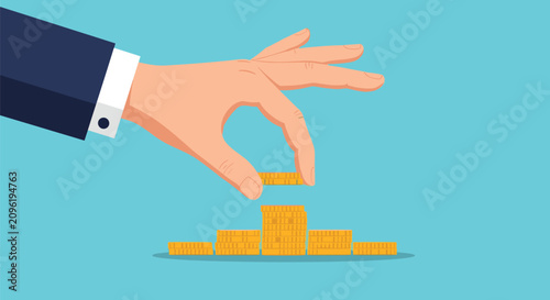 Human hand in a business suit placing a gold coin onto a structured pile, symbolizing smart investment, savings, and wealth.