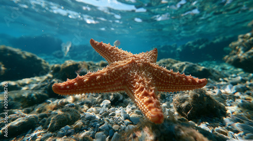 an orange starfish under tropical sea water
