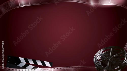 Movie film banner design, premium cinema background concept, elegant deep burgundy background, film reel with flowing filmstrip curving, film clapperboard, cinematic lighting, space for text.
