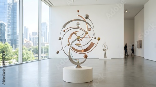 A sleek  contemporary kinetic sculpture featuring articulated metal components that move gracefully under ambient light within an abstract interior space