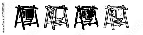 Bild auf Leinwand Set of Folding Wooden Clothes Drying Rack Icons in Silhouette, Outline, Grunge,