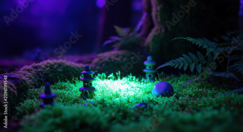 Enchanting Miniature Garden With Pagoda Lanterns And Bioluminescent Flora
