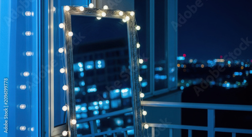 Enchanting Mirror With Fairy Lights Reflecting Cityscape At Night