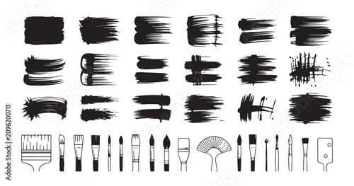 Black paint strokes and artistic instruments set isolated on gray background for creative art design work.