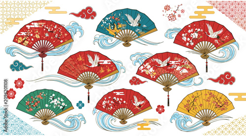 Traditional Japanese folding fans vector set with crane flowers ukiyo-e waves oriental patterns and decorative clouds