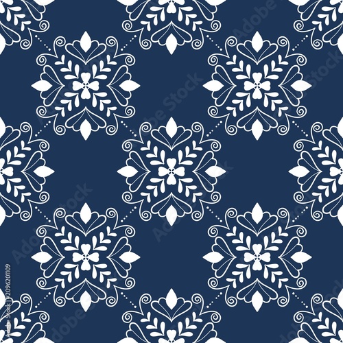 Navy Blue and White Floral Folk Art Seamless Pattern