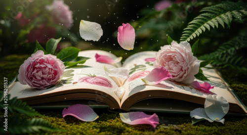 Enchanting Open Book With Floating Rose Petals In A Magical Garden Setting
