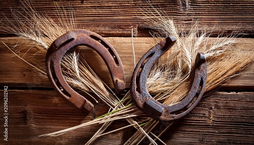 two old rusty horseshoes with straw on vintage wooden board
