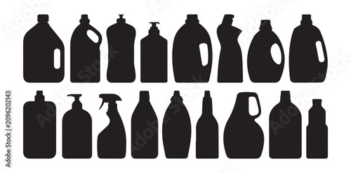 Household chemical plastic bottles silhouettes for cleaning.