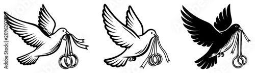 Photos Doves carrying wedding rings in traditional woodcut engraving style